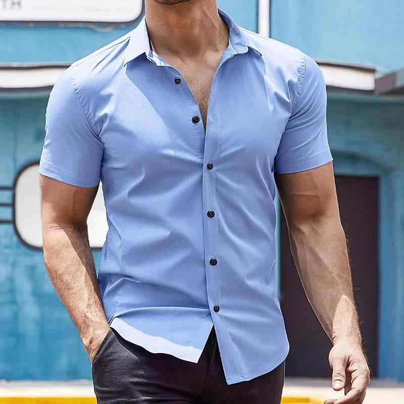 メンズ 短袖 シャツ ビジネス トップス 男性用 青年向け 薄手 通勤 普段使い 綿混紡 透気性 防皺 色牢度 合体シルエット 翻領 軽熟 休? 春夏 夏 浅青 紺 グレー ブラック レッド