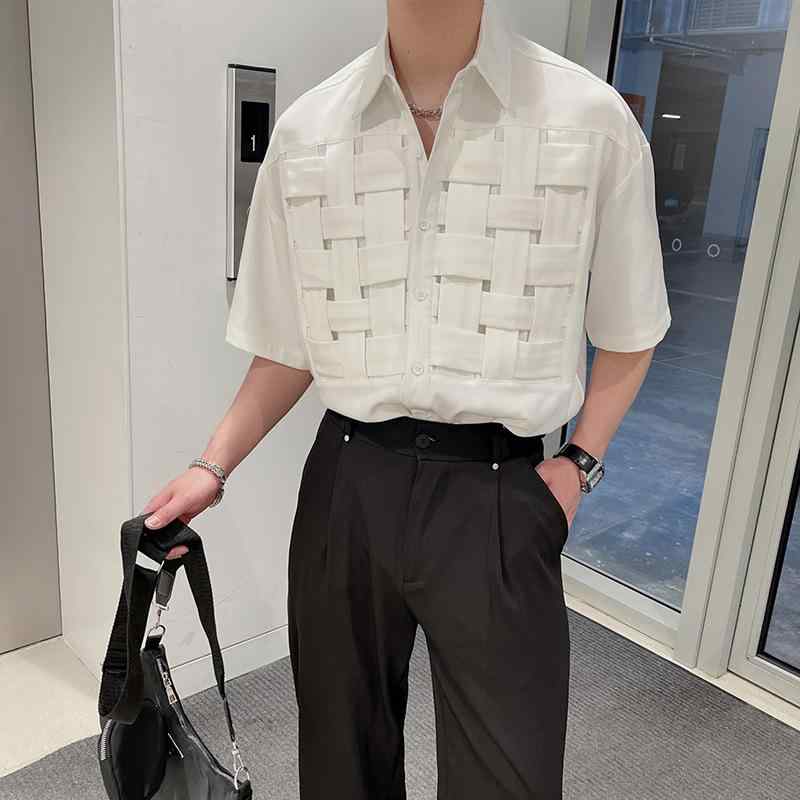 メンズ 夏用 短袖 シャツ トップス 編み込み デザイン 方領 開襟 5分袖 ゆったり シルエット 薄手 ポリエステル 速乾 アイロン不要 日常 普段使い 白色 ブラック 軽量 通気性 涼しい 接触冷感 ユニセックス カジュアル ストリート ファッション