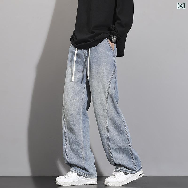 メンズ 秋冬 デニムパンツ 直筒 青少年 綿 混紡 接触冷感 加厚 暖か ゆったり ワイドレッグ ミドルウエスト ストレート シルエット スタイリッシュ コットン ポリエステル 再生繊維 ウォータープルーフ 加工 マルチポケット ステッチ ディテール フ