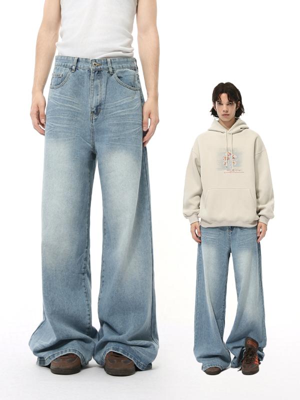 メンズ 牛仔パンツ 直筒 ワイドレッグ ロング ゆったり ミディアムウエスト ジップフライ コットン混 ポリエステル 再生繊維 ウォッシュ加工 猫須加工 ブルー 日常使い 青年向け 四季 通勤 普段使い カジュアル ストレッチなし