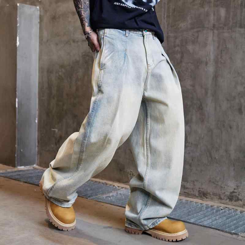 メンズ 牛仔パンツ デニム ライトブルー ビッグサイズ ストリートスタイル ゆったり ワイドレッグ ストレート ミッドライズ ボタン ウォッシュ加工 コットン 微弾性 日常 春秋 長ズボン ルーズフィット 復古 磨き加工 ファッショナブル 都市 24-3