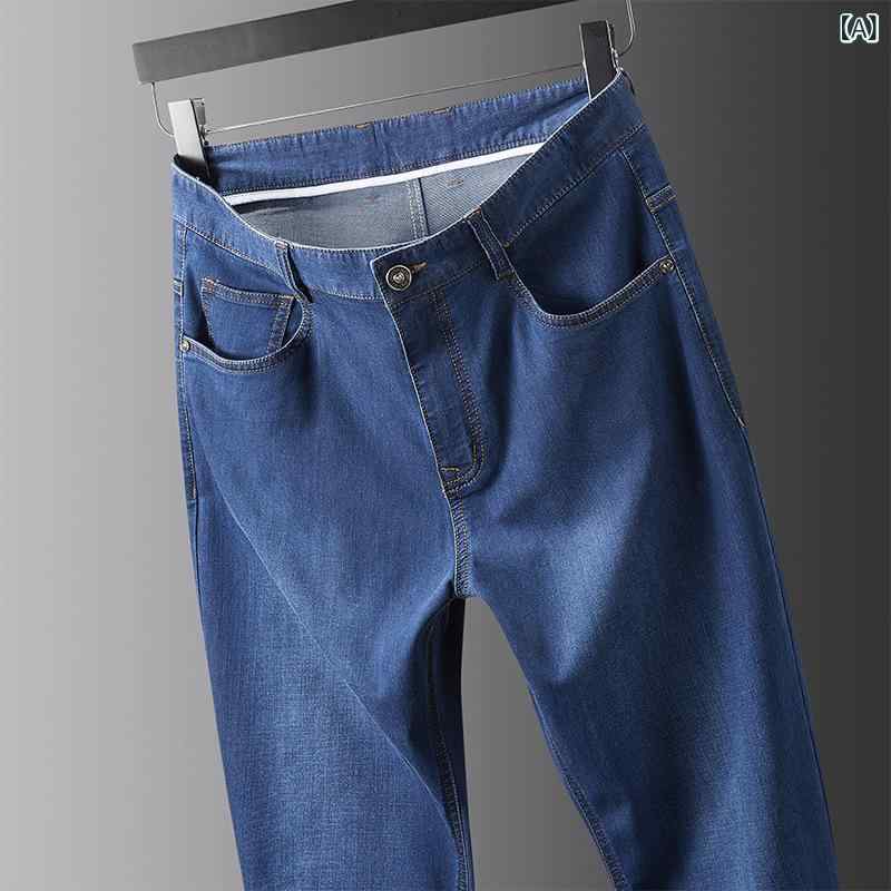 メンズ 牛仔パンツ ストレートパンツ 高腰 薄手 桑蚕? 接触冷感 夏用 中年向け ビジネス ビジネスカジュアル 普段使い 深色 ライトブルー 伸縮性 軽量 直筒 ミドル弾力 水洗加工 長丈 ジップフライ ボタン イージーケア 快適 デイリーウェア