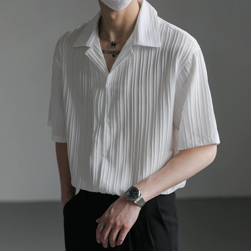メンズ シャツ トップス 短袖 夏 薄手 ポリエステル 接触冷感 免? 垂感 港風 痞? スタイル ゆったり シルエット 翻領 開襟 純色 ホワイト ブラック 肌理感 古巴領 デザイン 軽量 吸湿速乾 通勤 普段使い 休? アウトドア ティーン向け カジ