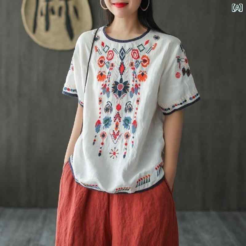 Tシャツ 女性用 夏用 白色 綿麻 刺繍 短袖 丸首 ゆったり セットインスリーブ 無鉄 復古 民族風 純色 吸湿速乾 通勤 普段使い 軽量 伸縮性 カジュアル トップス かわいい 上品 部屋着