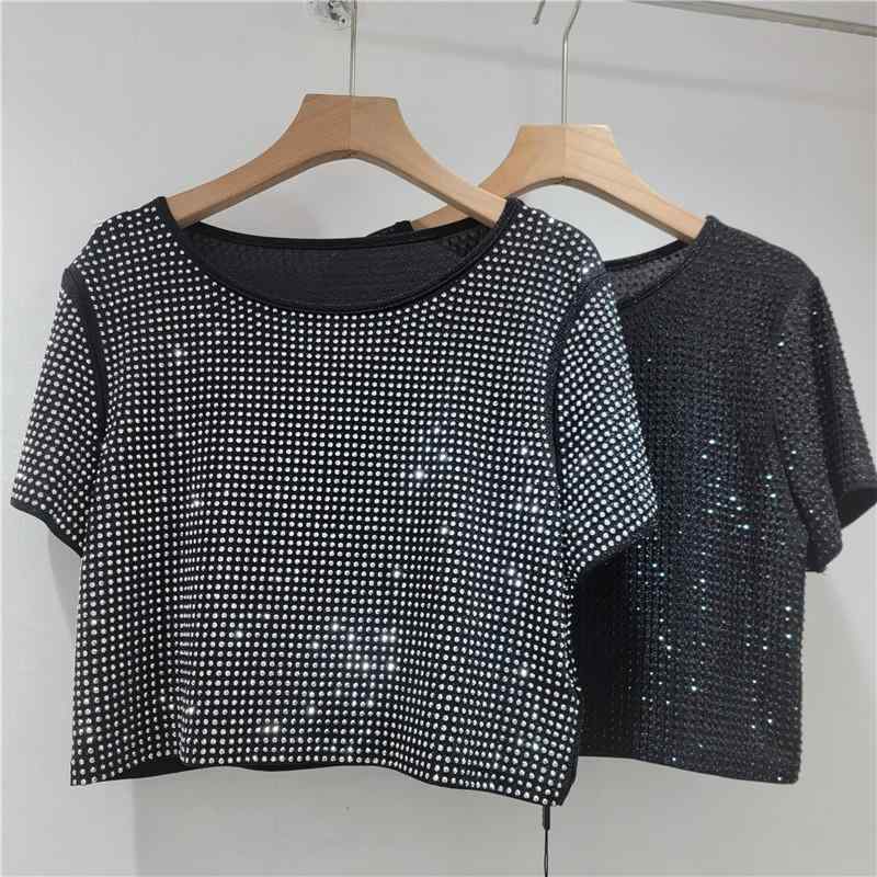 Tシャツ レディース 短袖 夏 丸首 ルーズフィット ストーン刺繍 ポリエステル 接触冷感 軽量 通気性 ストレートシルエット ベーシック トップス ワイドシルエット 百搭 ストリートスタイル 欧米風 個性派 かわいい ホワイト ブラック