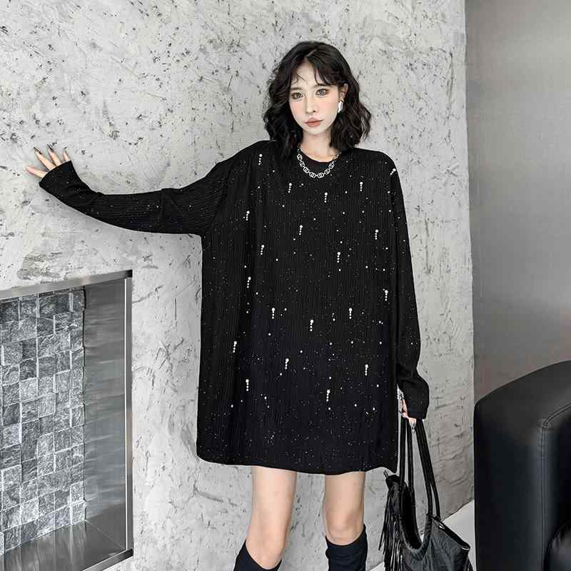 Tシャツ 女性用 秋 長袖 丸首 ルーズフィット プレス加工 コットン ポリエステル 混合 ソリッドカラー ビーズ 装飾 ストリートスタイル 黒 アイボリー 接触冷感 吸湿速乾 レイヤード トップス インナー 普段使い カジュアル 軽量 伸縮性 ビッグシ