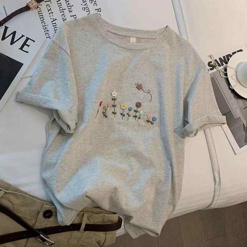 Tシャツ レディース 春夏 短袖 トップス コットン 100% 綿素材 花柄 文字プリント 灰色 ピンク アイボリー ベージュ 丸首 ゆったりシルエット 気質 通勤 普段使い 都市スタイル 清新 爽やか 軽量 吸湿速乾 免アイロン加工 セットインスリーブ