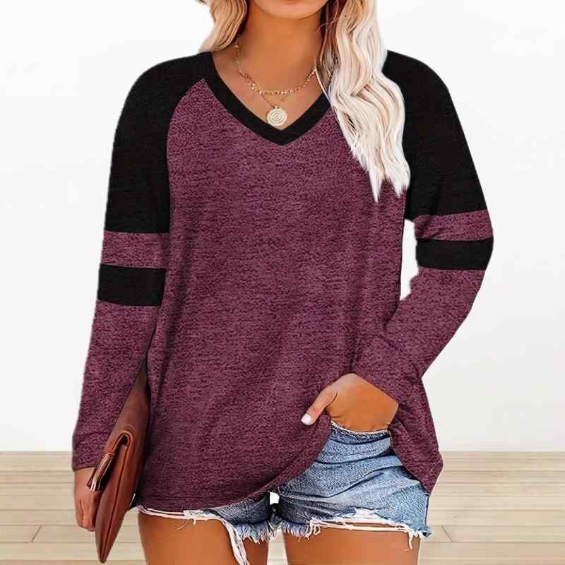 レディース Tシャツ トップス 長袖 Vネック 数?印花 切り替え柄 ピグメンテッドプリント 灰色 ブラック ワインレッド グリーン パープル ライトブルー ネイビー ポリエステル スパンデックス 伸縮性 ゆったりシルエット 中長丈 65cm超80cm以