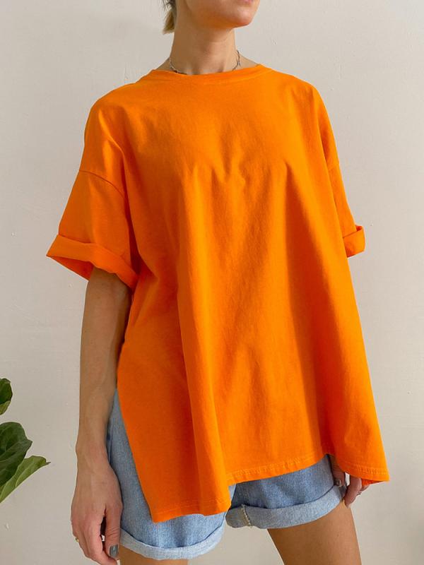 Tシャツ 女性用 夏 綿 接触冷感 半袖 ゆったり 開き 丸首 無地 トップス ブラック グリーン ピンク ライトグレー ライトピンク ホワイト カーキ オレンジ 普段使い 吸湿速乾 伸縮性 軽量 欧米スタイル