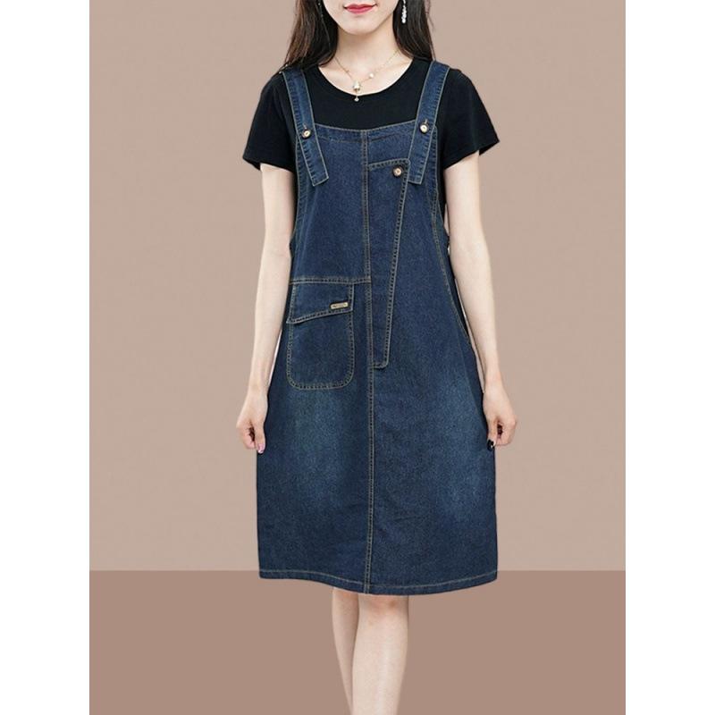 ワンピース 女性用 大きいサイズ デニム 背広 ストラップ ドレス 吊帯 スカート 短丈 無袖 コットン 素材 切り替え デザイン 街頭風 スタイル ゆったり シルエット 減齢 効果 腹部 隠し 機能 日常 着用
