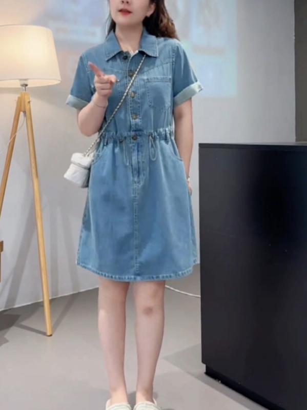 ワンピース 女性用 夏 薄手 短袖 デニム コットン 通勤 通勤風 高腰 Aライン 中長丈 収腰 スリム 気質 気質通勤 気質優雅 ポロ襟 ボタン セットインスリーブ ノーアイロン ピュアカラー