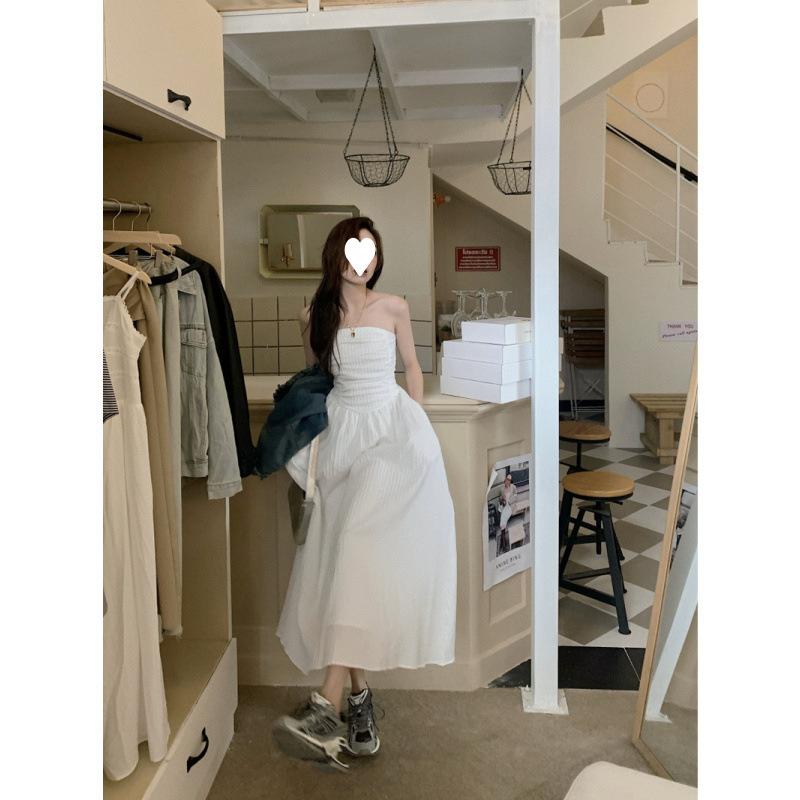 ワンピース レディース 白色 抹胸 肩出し セクシー 収腰 スリム Aライン ロングスカート 無袖 コットン デニム 接触冷感 街頭スタイル 通勤 普段使い 軽量 通年