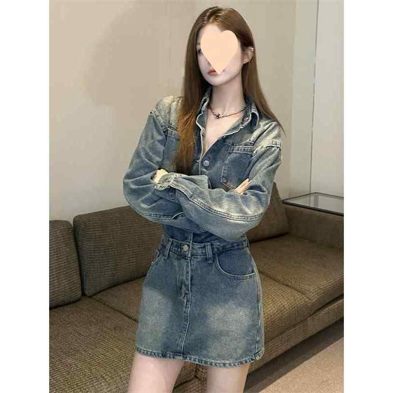 ワンピース 女性用 長袖 デニム コットン 素材 Aライン 短丈 ポロカラー 復古 ブルー 秋冬 ストリートスタイル ボタン ワイドシルエット 軽量 通勤 普段使い 吸湿速乾 伸縮性 高級感
