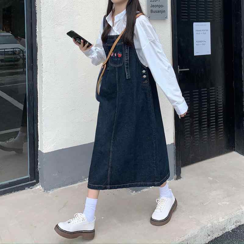 ワンピース 女子用 デニム 背広 スカート 長め丈 Aライン ハイウエスト 七分袖 プリンセス袖 POLOカラー 刺繍 フルーツ柄 綿 粘性繊維 混紡 ブルーグレー かわいい プリンセス風 学院スタイル 清新 甘め 個性 ストリート 通勤 普段使い 軽量