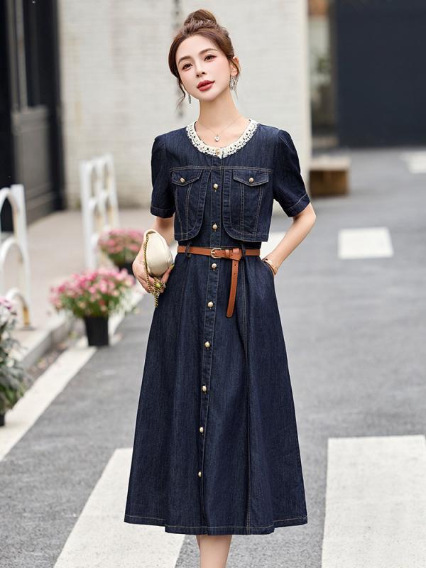 ワンピース 女性用 夏 デニム コットン 素材 Aライン ロングスカート 短袖 ラウンドネック ミドルウエスト ボタン デザイン 切り替え ディテール 気質 通勤 スタイル 洗練 シルエット 軽量 伸縮性 吸湿速乾 ブラック ブルー ベージュ カラー バ