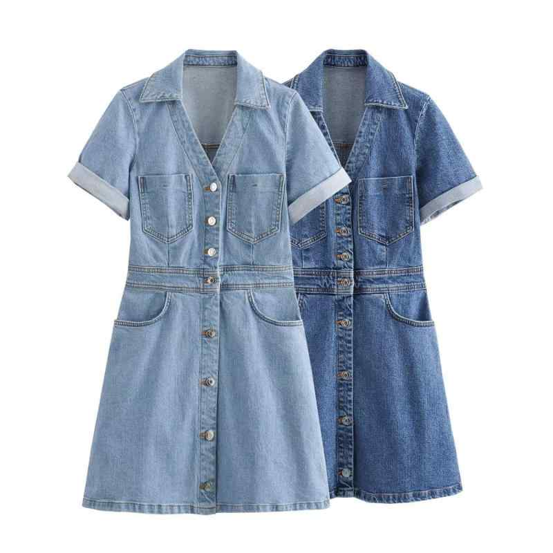 ワンピース 女性用 春夏 牛仔 ミニ ドレス デニム Aライン ハイウエスト 短袖 ポロカラー ボタン 切り替え 綿 ポリエステル 混合 軽量 通勤 普段使い 街頭 ファッション スタイリッシュ ビッグシルエット 深青 ライトブルー カジュアル 伸縮性