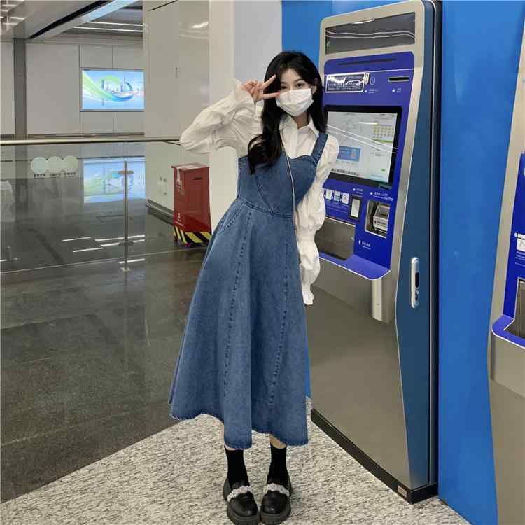 ワンピース メンズ風 レディース デニム 背広スカート ロング スカート Aライン ハイウエスト 無袖 ノーカラー コットン 素材 気質 通勤スタイル 普段使い 軽量 伸縮性 吸湿速乾 ブルー 春夏