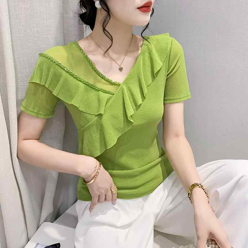 T シャツ 女性用 春夏 V ネック 短袖 修身型 荷葉エッジ 切り替え 網? 刺繍 印花 ブラック グリーン ピンク系 軽量 伸縮性 吸湿速乾 普段使い カジュアル トップス シルエット スリム フィット