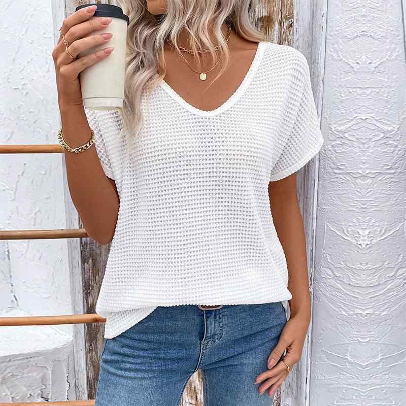 Tシャツ 女性用 夏 白色 Vネック 短袖 レースアップ デザイン ゆったり バタフライスリーブ 中長丈 コットン調 ポリエステル 素材 軽量 伸縮性 吸湿速乾 通勤 普段使い デート シンプル スタイリッシュ カジュアル トップス インナー レイヤード