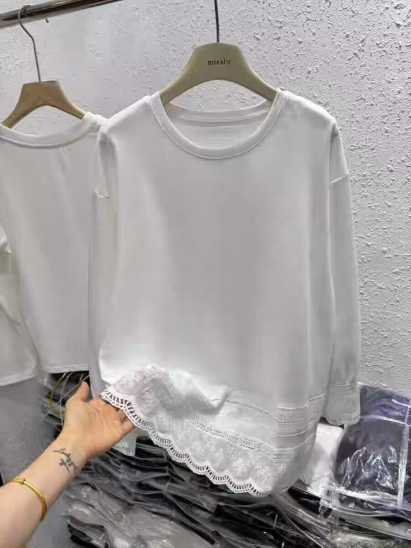 Tシャツ トップス 女性用 長袖 綿混 ポリエステル混 刺繍 レース 花柄 切り替え デザイン ゆったり ルーズフィット スリム効果 中長丈 丸首 単色 白色 気質 通勤 スタイル 快適 日常使い 軽量 吸湿速乾 春夏 秋冬 対応