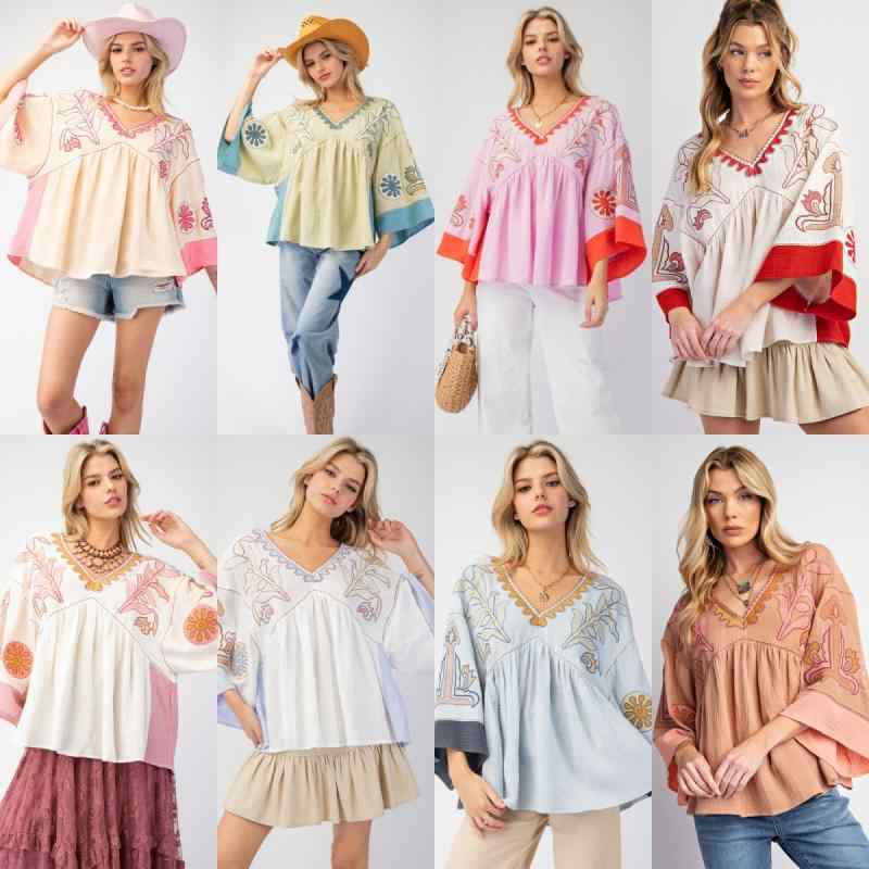 Tシャツ レディース 春夏 Vネック 喇叭袖 切り替え 刺繍 花柄 ポリエステル 七分袖 ゆったり トップス 日韓カジュアル 緑 藍 杏色 ピンク 紫 グレー 白 赤 珊瑚 快適 軽量 吸湿速乾