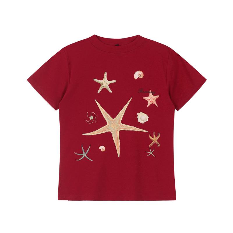 Tシャツ 女性用 短袖 ルーズフィット 丸首 コットン ストレッチ 星柄 プリント 3D 立体 デザイン 深紅 グレー 夏 ストリート スタイル 普段使い トップス 上着