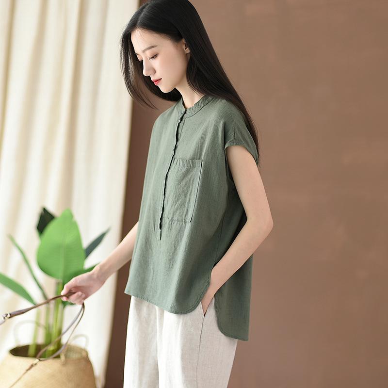 Tシャツ 女性用 夏 綿麻 接触冷感 短袖 トップス 立領 切り替え ゆったりシルエット 無袖 砂洗加工 純色 ブラック ホワイト ダークグリーン 再生繊維 吸湿速乾 軽量 伸縮性 普段使い 部屋着 カジュアル 復古風