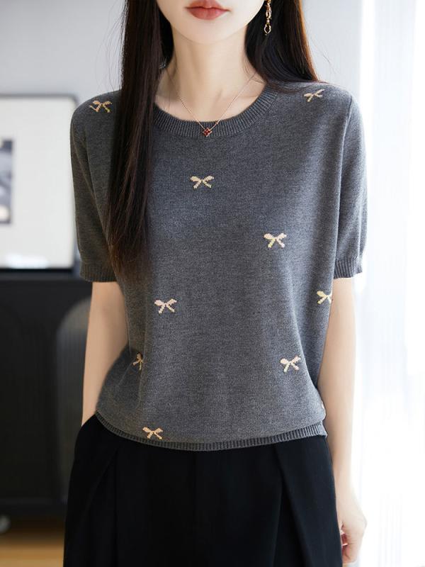 Tシャツ レディース 短袖 接触冷感 レイヨン混紡 丸首 ゆったりシルエット 刺繍 かわいい グレー ブラック 蝶結び 熊猫柄 通勤風 普段使い 吸湿速乾 軽量 夏向け トップス 女性用 シンプル