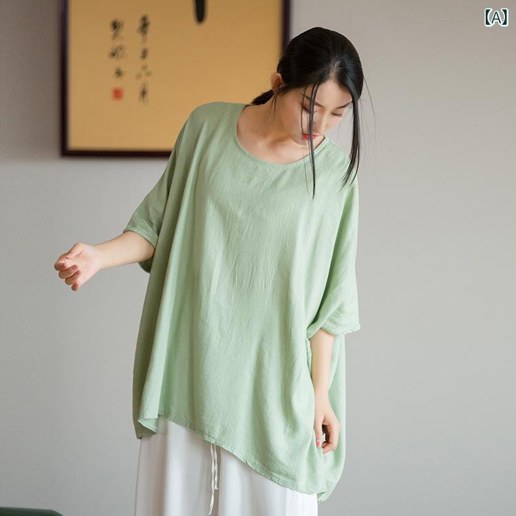 Tシャツ レディース 秋冬 麻 綿 混紡 短袖 蝙蝠袖 切り替え デザイン 軽量 薄手 ゆったり ルーズフィット ラウンドネック 単色 ヴィンテージ加工 芸術的 レトロ 緑 黒 ベージュ 防紫外線 トップス シャツ ブラウス 日常使い アウトドア