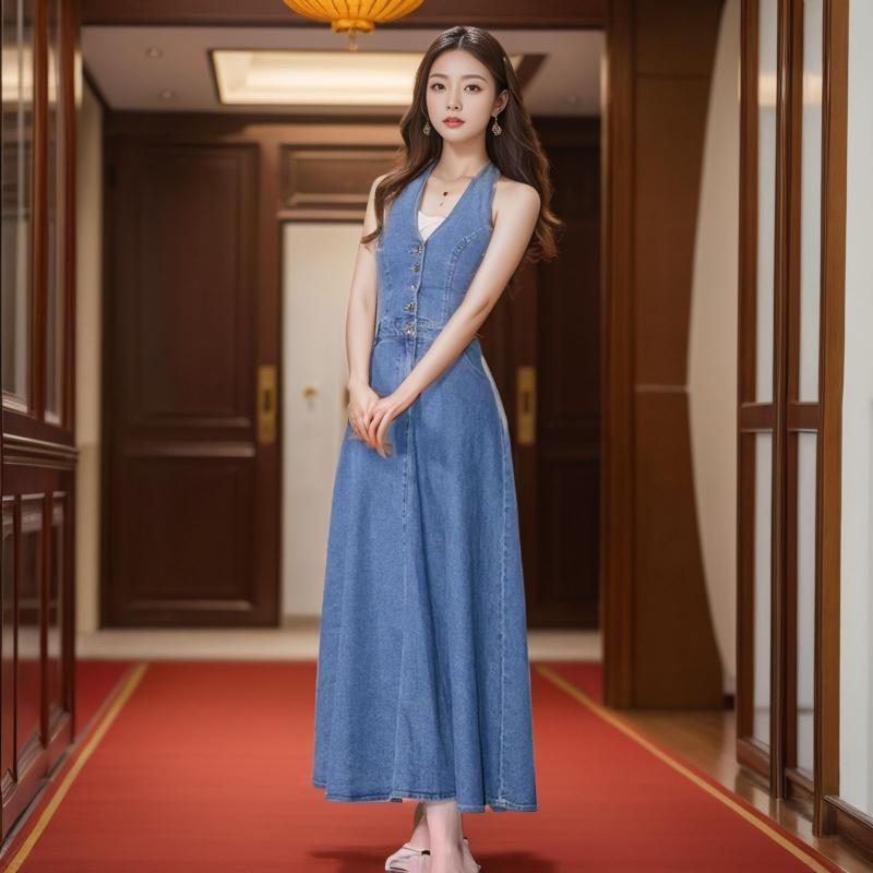ワンピース 女性用 夏 復古 気質 ハルネック ミドルレングス Aライン ミッドウエスト ノースリーブ デニム 綿 コットン ブルー ブルージーンズ 修身 スリム セクシー 単色 ライトリー カジュアル 日常使い 軽量 伸縮性 吸湿速乾 通勤 デート 部