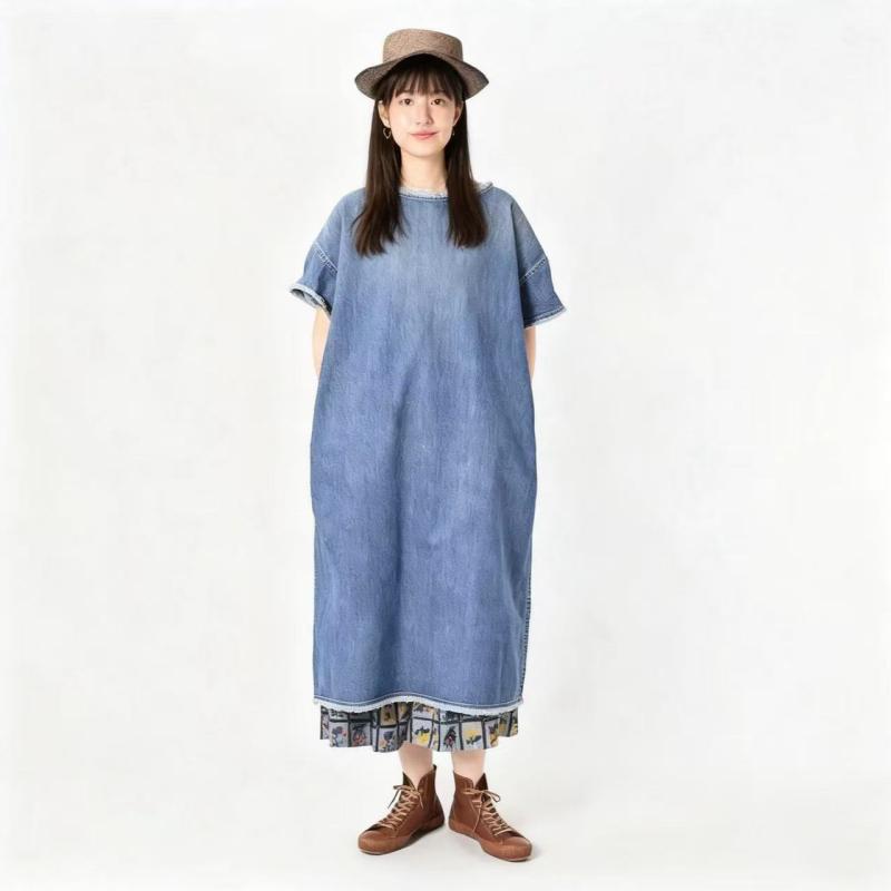 ワンピース 女性用 日系 春夏 牛仔 Aライン ロングスカート 流蘇 デニム 綿 接触冷感 純色 ブルー 短袖 ラウンドネック ゆったり腰 セットインスリーブ 快適 普段使い カジュアル 軽量 通勤 外出
