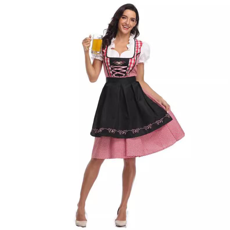 ワンピース メイド風 民族柄 ビールフェス 宴会服 セット 緑 ブルー ブラック 墨緑 牛仔ブルー 牛仔レッド 格子柄 荷葉エプロン 切り替えデザイン 中丈 短袖 中腰 ?? ポリエステル フィブロス 爽やか スイート ガーデンスタイル 清新 かわいい