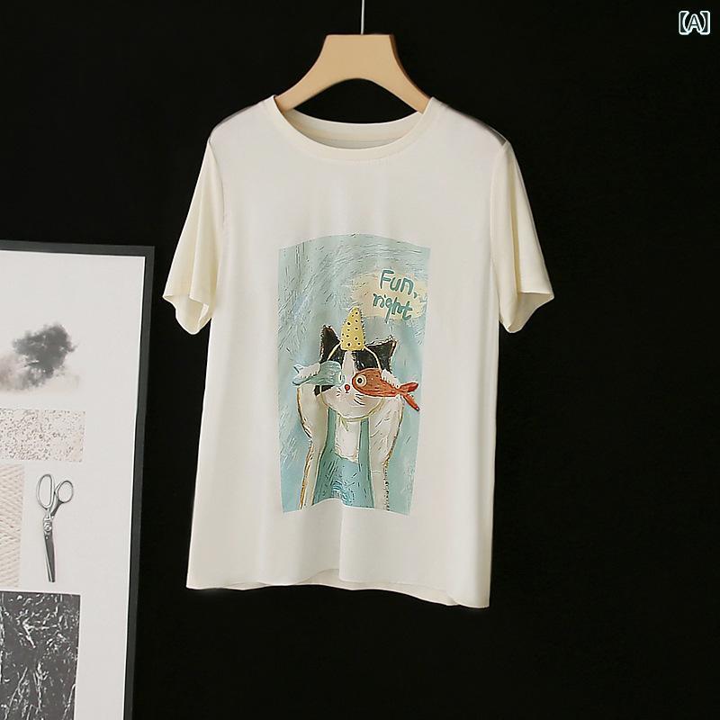 Tシャツ 女性用 短袖 トップス 桑蚕絹 綿 切り替え 吸汗 速乾 透気性 快適 印花 猫・軌柄 丸首 ゆったり ルーズフィット 日韓カジュアル 夏用 接触冷感 軽量 部屋着 普段使い