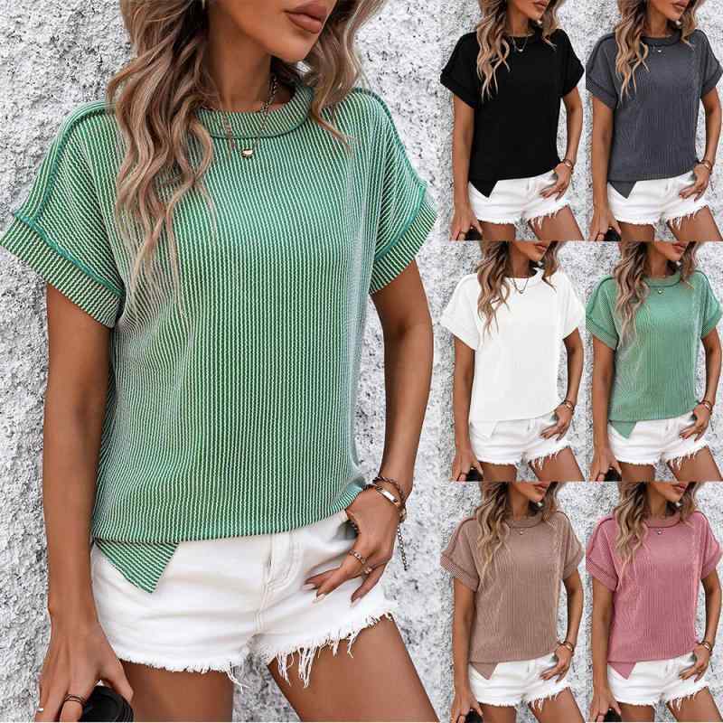 Tシャツ 女性用 短袖 丸首 外縫 ツイスト ストライプ ワイド コットン ポリエステル 綿混 紡績 花柄 条紋柄 切り替え ゆったり ルーズフィット 普通丈 肩落とし袖 ストリート ストリートスタイル 快適 カジュアル デイリー グレー グリーン ピン
