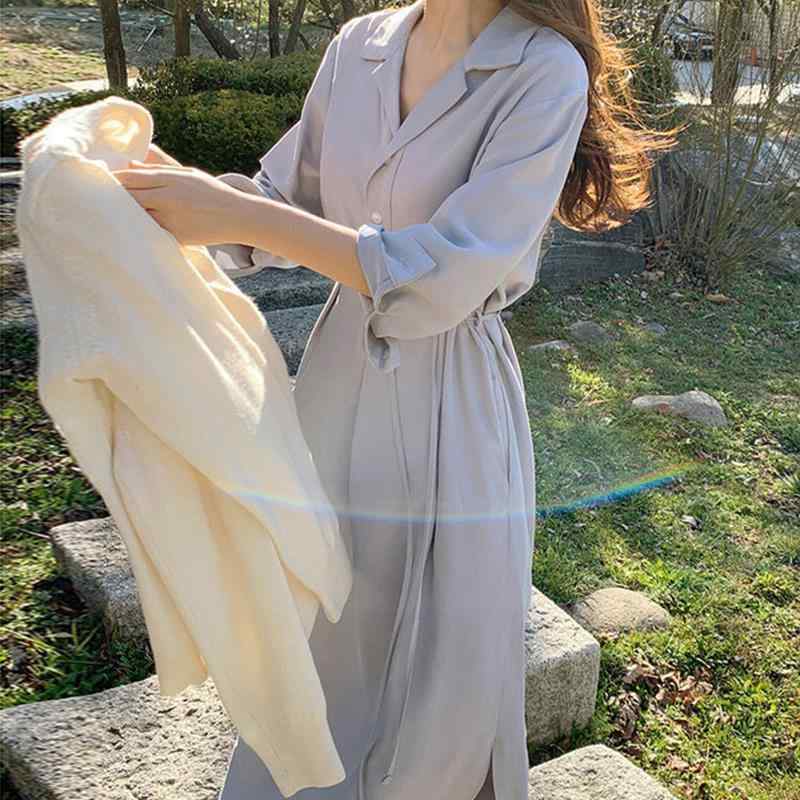 ワンピース レディース 韓国風 シンプル スタンダード コットン混紡 酢酸繊維 セットインスリーブ 長袖 フラップカラー シングルブレスト ボタン ドローストリング ハイウエスト 切り替え ミドル丈 ストレートスカート スリット ブラック 杏色 ブルー