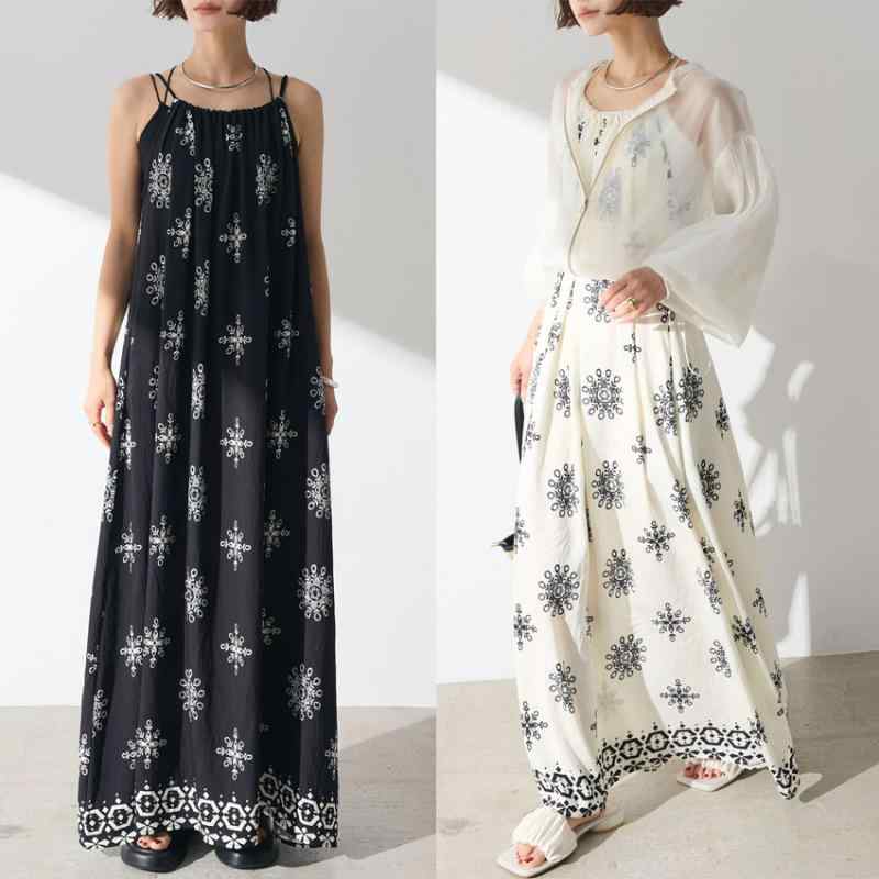 ワンピース レディース 吊り帯 花柄 ロング フレア スカート 日系 夏 涼しい 雪? 素材 ポリエステル 混紡 無袖 中腰 撞色 デザイン 快適 ゆったり シルエット 杏色 ベース ブラック ベース ワイド 裾 ワイド シルエット 日常 使い 通勤 対