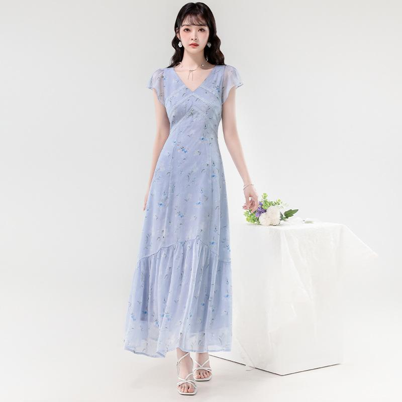 ワンピース 女性用 夏 春夏 フレンチスタイル 気質 エレガント ミッドレングス スカート Vネック フラワー柄 シフォン 切り替え ドレス 接触冷感 ポリエステル 短袖 フレア ハイウエスト レース セットオン ライトブルー 軽量 通気性 吸湿速乾 カ 6,757円