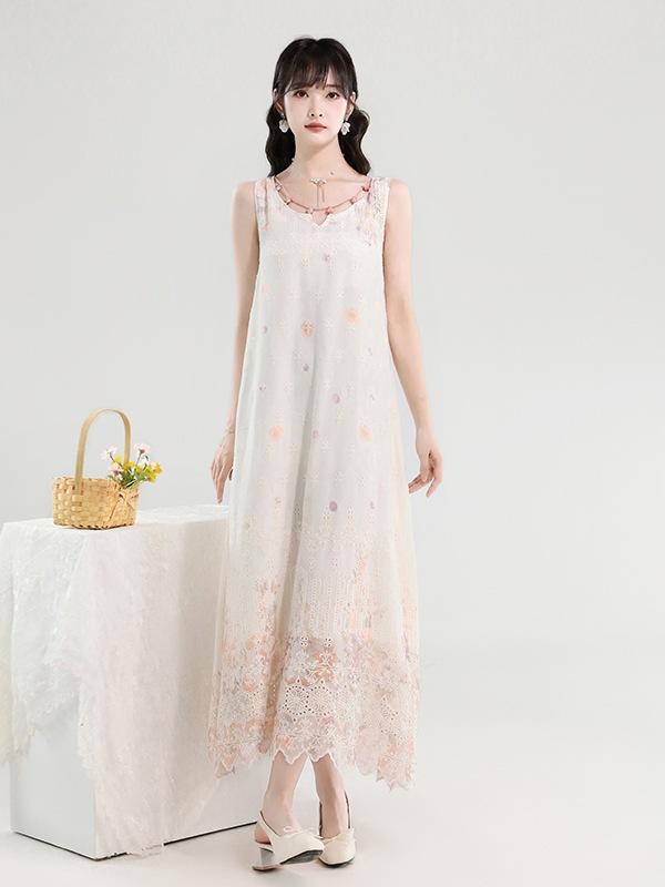 ワンピース レディース 春夏 フレンチスタイル 刺繍 ビーズ 切り替え 花柄 雪?素材 接触冷感 無袖 肩紐 方領 中腰 大スカート ミドル丈 通勤用 気質 緑 ピンク系 軽量 吸湿速乾 伸縮性 イージースタイル 普段使い｜フォークBR