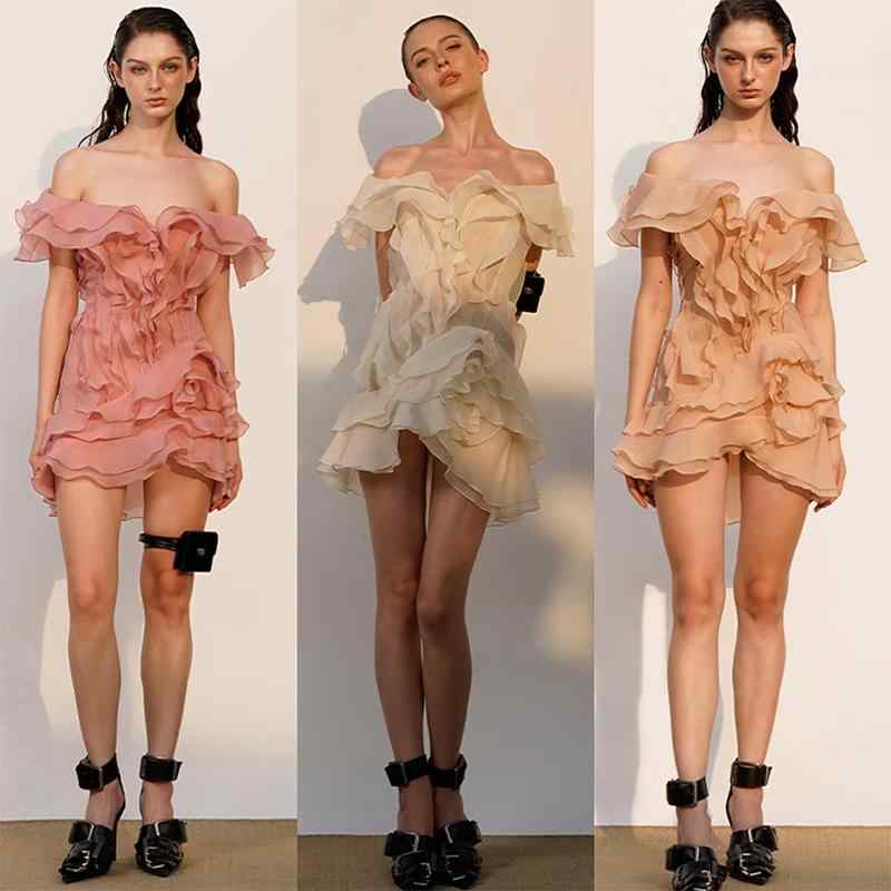 ワンピース 女性用 Vネック 花柄 一字肩 肩出し 切り替え フレア袖 短袖 膝上丈 ハイウエスト 修身 スリム かわいい 気質 エレガント 桃色 香?色 杏色 ポリエステル レース 無地 夏 私服 通勤 普段使い 軽量 通気性 伸縮性 接触冷感 吸湿速
