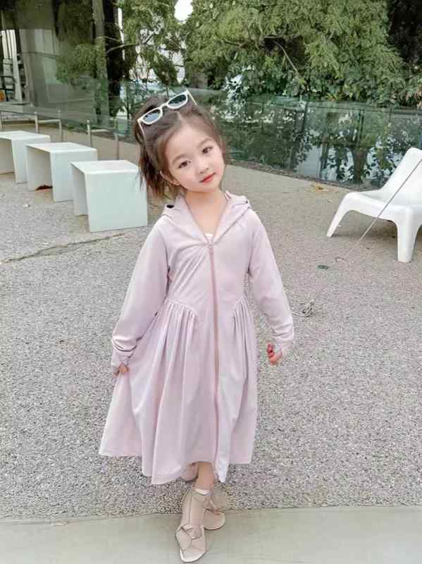 女児 防紫外線 防晒 服 夏 接触冷感 透気性 軽量 長袖 カーディガン 子供 女の子 屋外 活動 服 グレー イエロー ブルー ライトグリーン ニット ナイロン 伸縮性 帽子付き 3～8歳 100～140cm