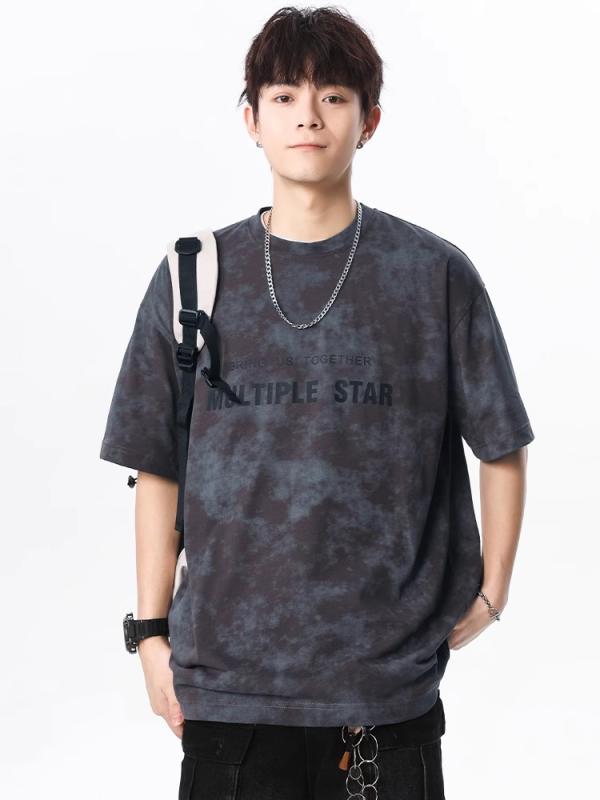 Tシャツ メンズ 短袖 綿 素材 タイダイ柄 ゆったりシルエット 薄手 夏用 透気性 日常着 運動カジュアル 白色 ブラック グレー ラウンドネック セットアップ可能
