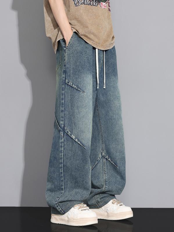 メンズ デニムパンツ 男性用 夏用 ファッション 復古風 皺加工 デザイン ワイドレッグ ストレート ミリタリー カーゴパンツ ストリート コーデ 日常 使い 細身 ミッドライズ ドローストリング クロージャー 薄手 コットン 素材 微弾力 洗い加工 ノ
