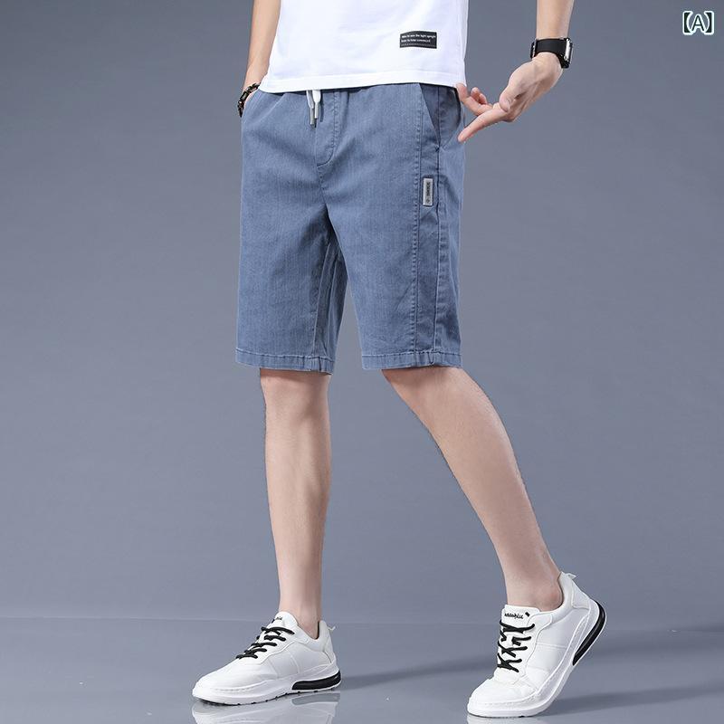 メンズ デニム ショートパンツ 夏用 薄手 トレンド 休? 中長 ワイド タイプ 接触冷感 綿混 紡績素材 ミッドライズ ドローストリング ライトウェイト 微弾性 ストレートレッグ 水洗加工 デイリー ユース ブルー ライトグレー 青少年向け カジュアル