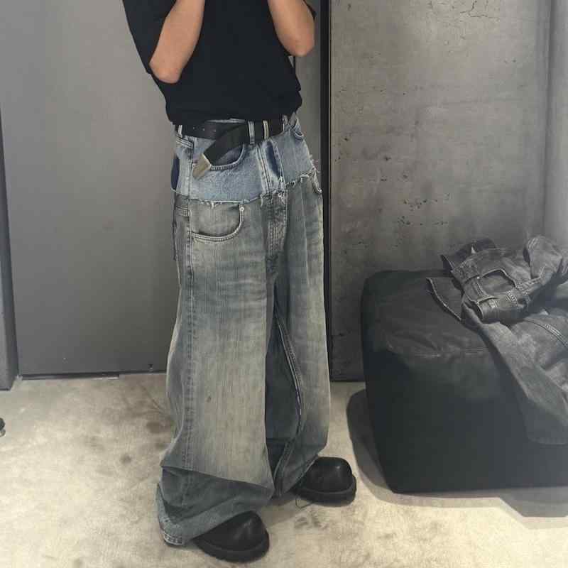 メンズ 牛仔パンツ ストレート ワイドレッグ ロングパンツ バギー ダブルレイヤー ローライズ ジップフライ コットン 95% ブルー 手描き ウォッシュ加工 ヴィンテージ風 ゆったりシルエット 直筒裾 ノーストレッチ イージーケア 春用 ストリートスタ