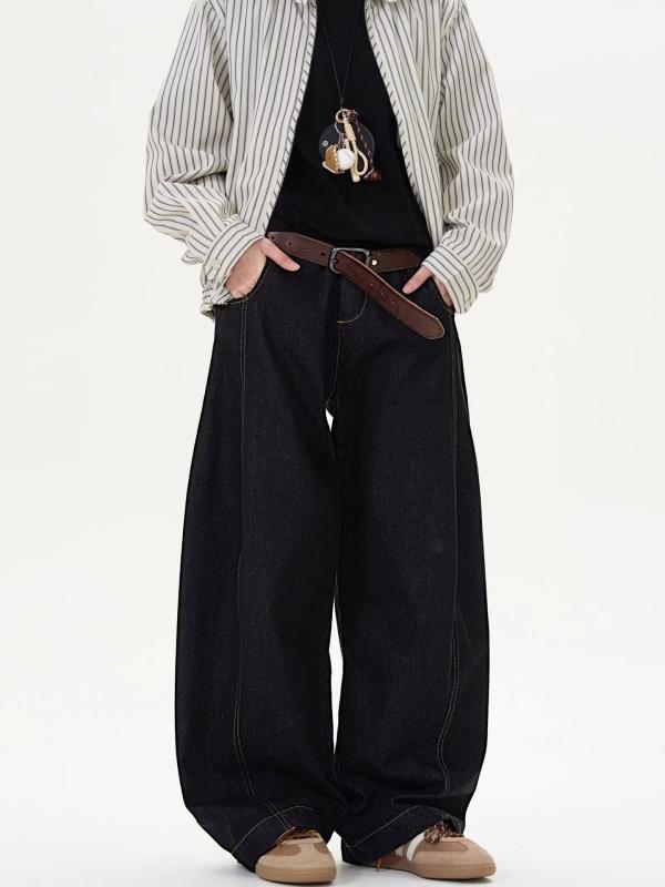 メンズ デニムパンツ ブラック 春季 ハイウエスト ワイドレッグ 直筒 ロング丈 ゆったりシルエット コットン素材 洗い加工 無弾性 ジッパー開閉 ミリタリースタイル カジュアル ストリートファッション 普段使い 通勤 外出 軽量 通年対応 伸縮性なし