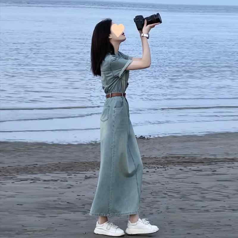 ワンピース 女性用 夏 デニム ブルー ハイウエスト ロングスカート 短袖 切り替え 軽量 伸縮性 吸湿速乾 通勤 普段使い カジュアル ストリート 復古 港風
