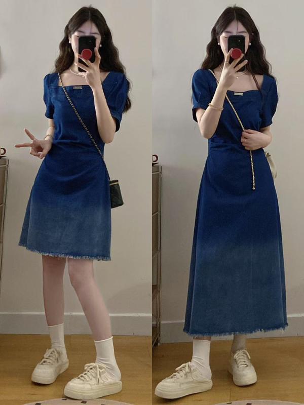 ワンピース レディース 大きいサイズ ゆったり 牛仔 デニム コットン混紡 切り替え グラデーション Aライン 中長丈 短袖 Uネック 中腰 収腰 気質 通勤 普段使い 2025年 夏 春夏 吸湿速乾 軽量 伸縮性