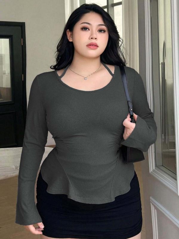 Tシャツ 女性用 秋冬 長袖 Uネック 修身シルエット 純色 気質 セクシー 私服 灰色 ポリエステル ニット生地 接触冷感 吸湿速乾 軽量 伸縮性 ビッグサイズ 通勤 普段使い アウトドア 春夏 秋冬 ウィンター