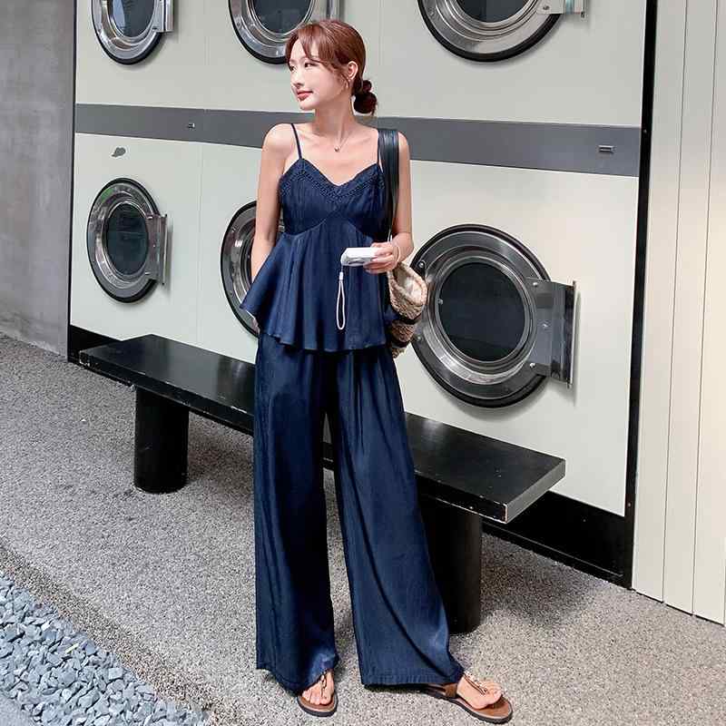 レディース 夏 吊り下げ 背心 セット 女性用 紺色 デザイン ファッション 気質 休日 ワイドパンツ ツーピース 無袖 トップス ロングパンツ 荷葉縁 ポリエステル 95% 以上 快適 ゆったり シルエット 接触冷感 日韓 カジュアル スタイル 通勤