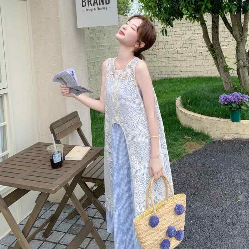 レディース ワンピース セット 長袖 吊り紐 ロングスカート 格子柄 切り替え デザイン 無袖 トップス 組み合わせ 森ガール スタイル 清新 甘い ポリエステル 素材 免アイロン 処理 軽量 通気性 抜群 夏 コーディネート セットアップ ブルー カラ